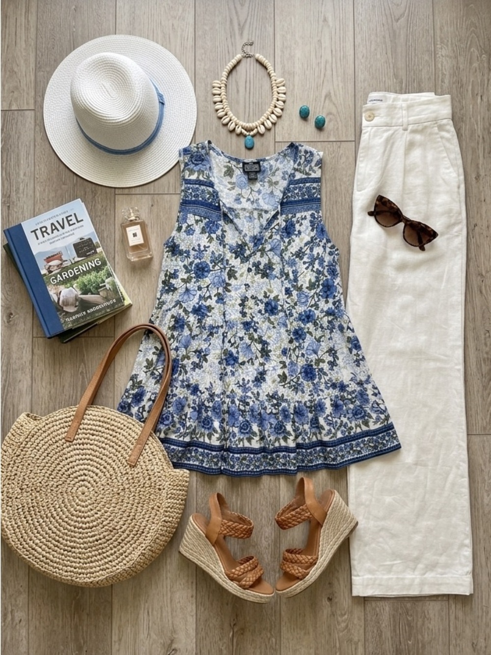 Boho Floral Sleeveless Tunic Top Blue White Tiered